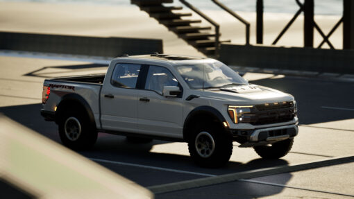 White Ford F-150 Raptor parked in a lot - aerial side view from distance