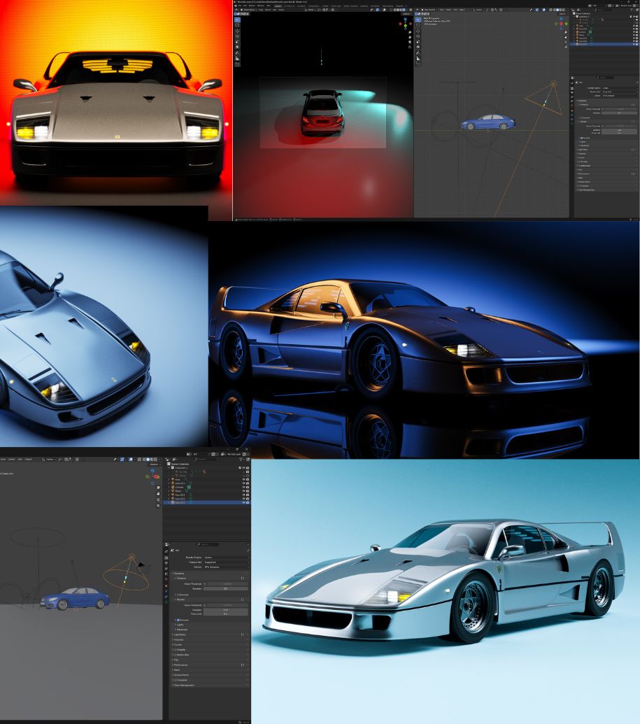 Collage of Blender process screen snippets and ferrarri's designed using Blender software